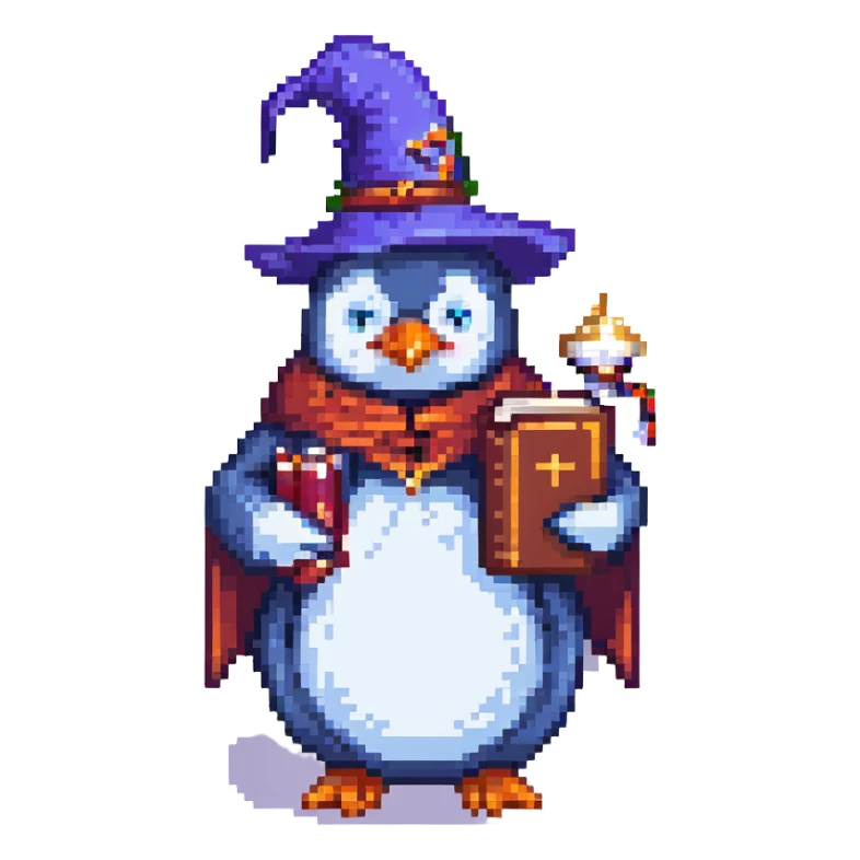 cute pixel art penguin wizard holding a spellbook sticker