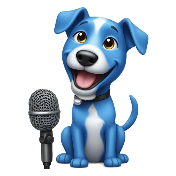 smiling blue dog with a microphone sticker