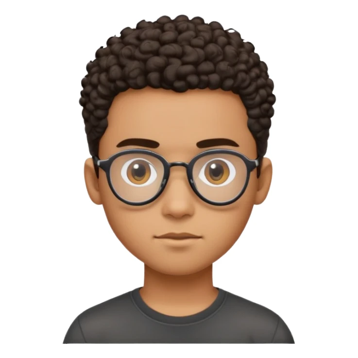 Young Latino man with small oval face, big forehead, aviator glasses, shaved sides with short curly hair on top, neutral-friendly expression, brown skin, black t-shirt sticker