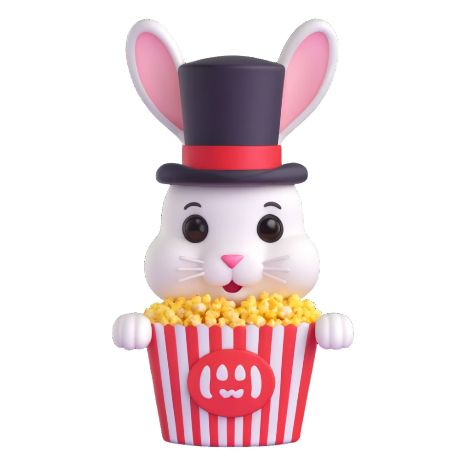 popcorn container with a bunny inside wearing a top hat sticker