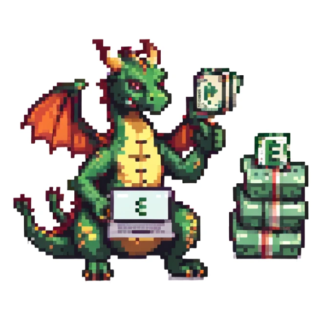 A dragon with a laptop and a stack of money sticker