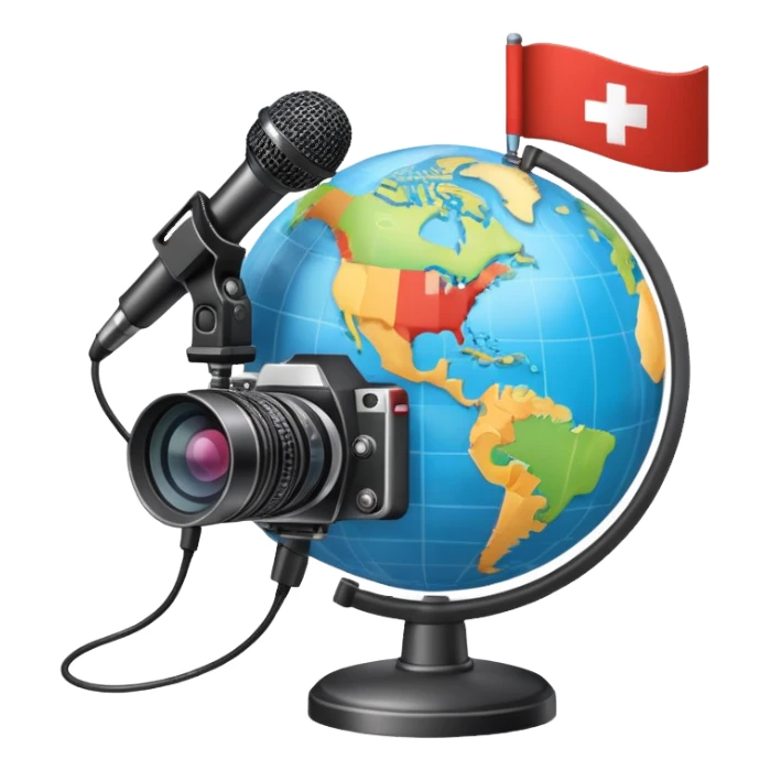 An icon showing a microphone, a notepad, and a camera, symbolizing journalism. The design includes a globe in the background, representing global news, and a breaking news banner for emphasis. Transparent background highlights the dynamic world of media and reporting. sticker
