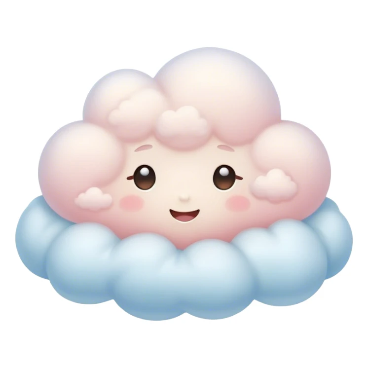 Cinematic tiny snuggly cloud, soft fluffy texture, gentle glowing edges, cute blushing cheeks, floating peacefully in a pastel sky, warm and dreamy. sticker