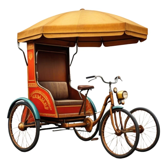 ​Cinematic Realistic Tricycle Rickshaw, depicted as a vintage manually operated vehicle featuring two front wheels and a single rear wheel, rendered with detailed rustic textures, vibrant colors, and dynamic urban lighting that captures its unique design and cultural charm, sticker