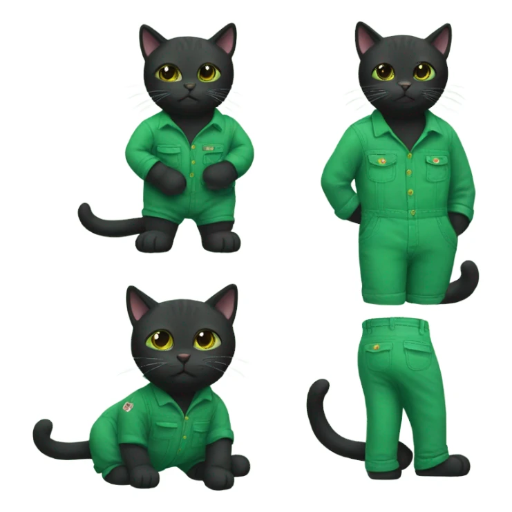 Black cat wearing green overalls with a button missing  sticker