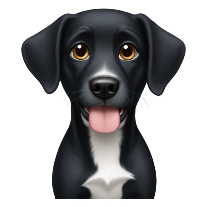 a black dog with white chest sticker