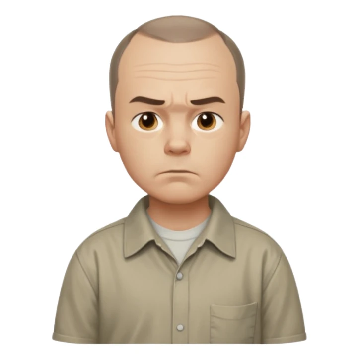 Carl from Sling Blade, serious expression, recognizable features, chin sticking out, slouching posture, no glasses, shirt with collar,  side view,show his entire body, he is standing. three-quarter face angle. He sticks his head forward. change face style sticker