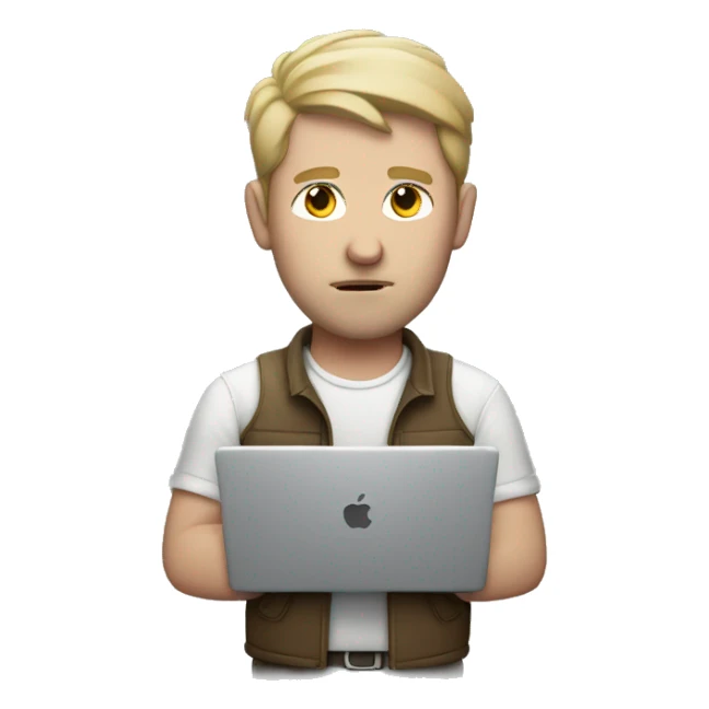 white man holding a MacBook with serious face sticker