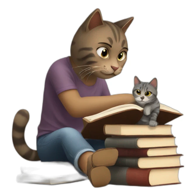 Reading books with a cat sticker