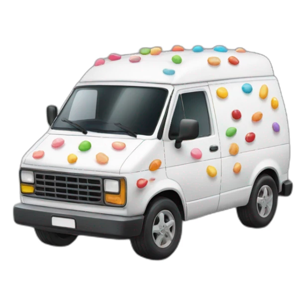 a white van with candy markings and a child inside sticker