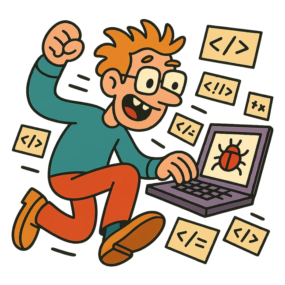 wacky programmer with buggy code flying around sticker