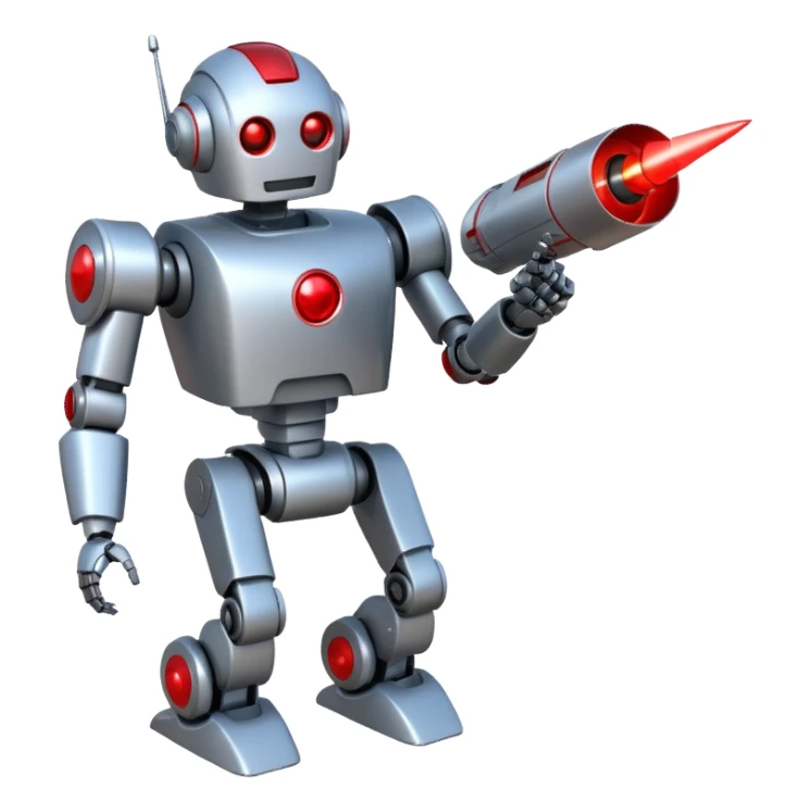 robot being hit with a red beam by a flying robot sticker