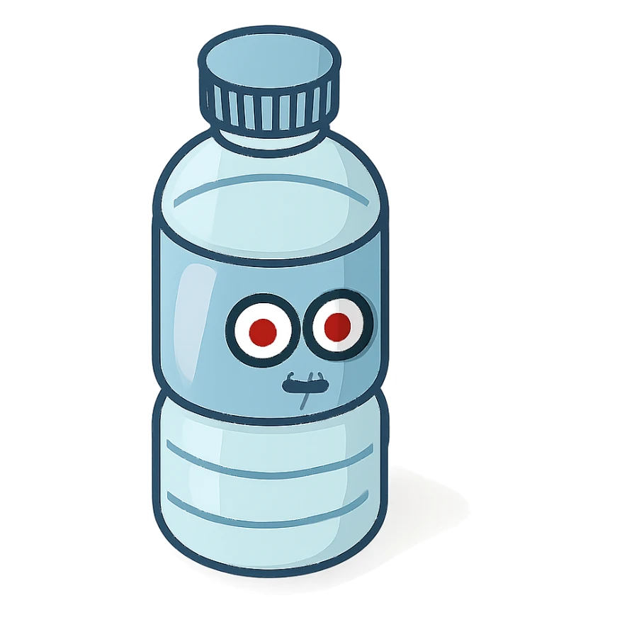 A water bottle with red eyes sticker