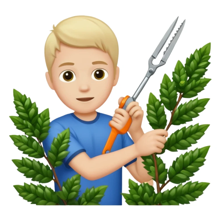 white kid trimming a decorative bush sticker