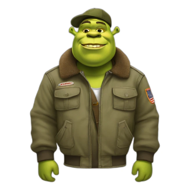 Shrek in cargo pants, bomber jacket and hat sticker