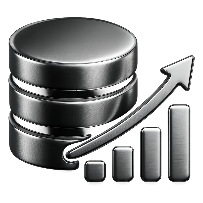 stylized chrome icon representing efficient databases and database structures for optimal performance and scalability, modern, shiny, tech-inspired sticker