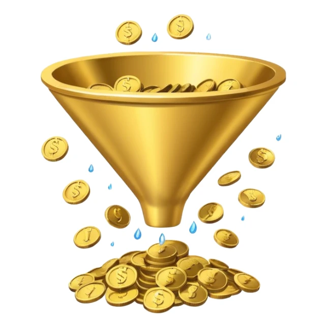 Minimalistic flat vector icon, iOS style, thin black contour on white background. Funnel with coins dropping through it. Clean, no text, no shadows.
 sticker