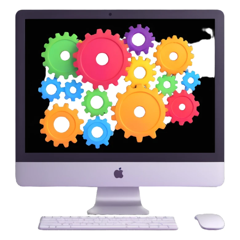 iMac computer with colorful gears on the screen sticker