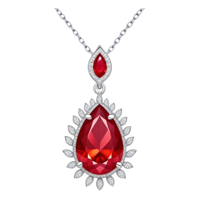 teardrop ruby pendant with fiery light, tiny phoenix feather emerging, haloed by shimmering white stones, and a silver chain sticker