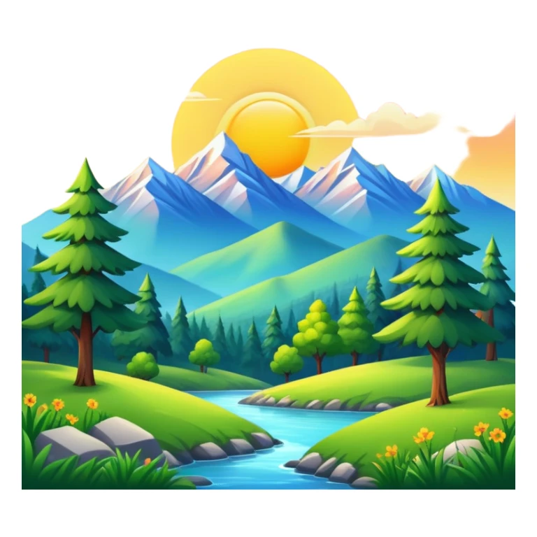nature landscape with mountains, trees, and sun sticker