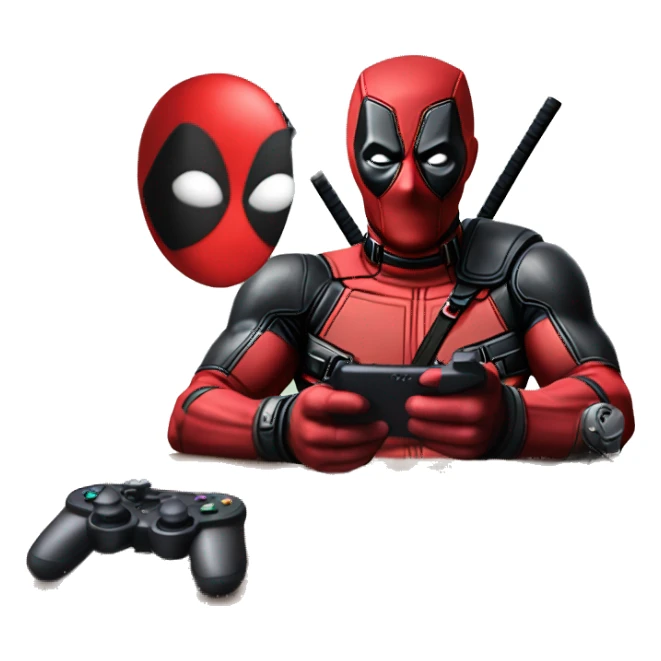 Deadpool holding controller sitting at a desk, front view sticker
