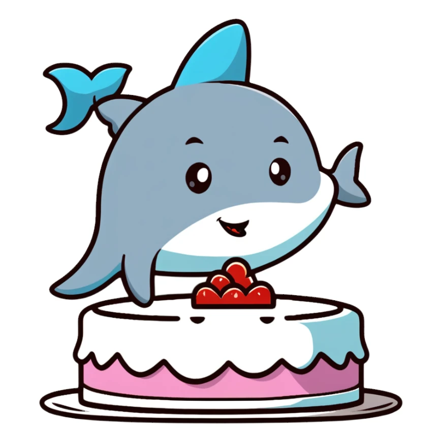friendly shark with puckered lips kissing a decorated cake sticker