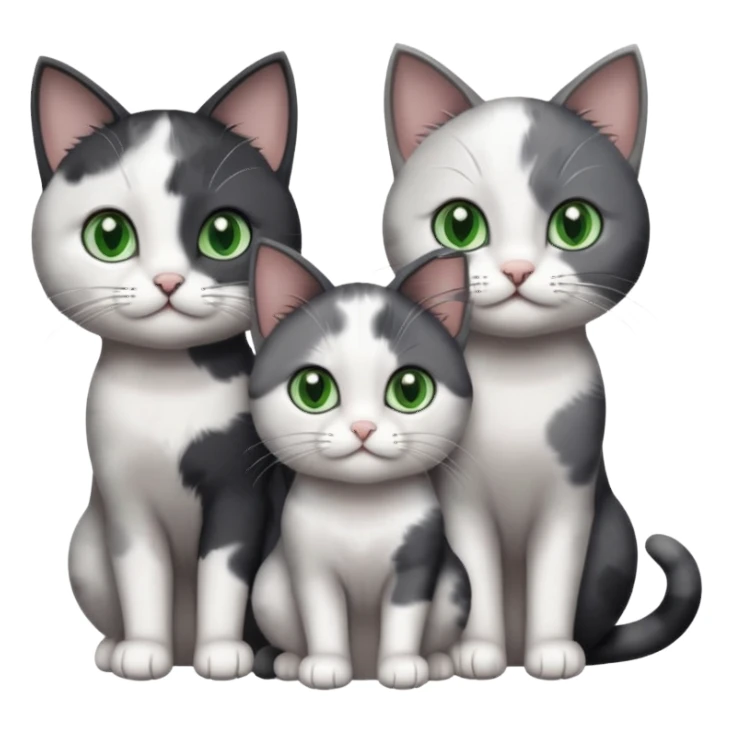 3 different coloured small cats including a dark grey and white, and a patchy calico and a completely solid dark grey with green eyes and only white paws sticker
