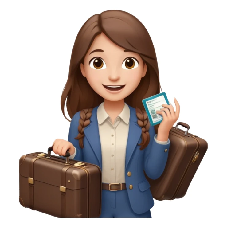 Excited smiling sweetly 🥹🥰🦋 Girl with long brown hair with a suitcase, ready for travel, passport in hand and butterflies around her elegant sticker