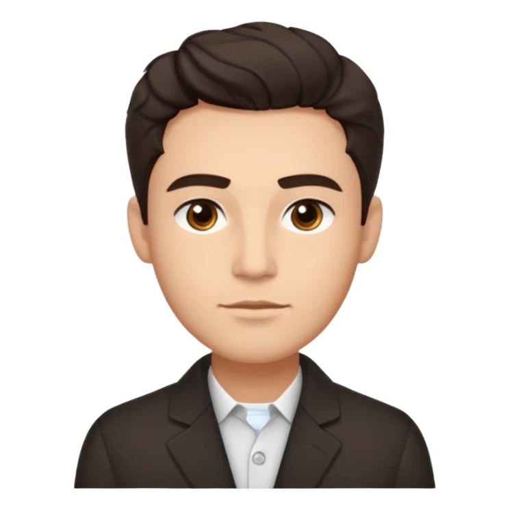 He’s a man with light to medium skin, a defined oval face, full brows, deep-set eyes, and wavy short dark brown hair styled with height, sides are trimmed. expression calm and focused relaxed black open-collar .polished, articulate, and coach vibe. sticker