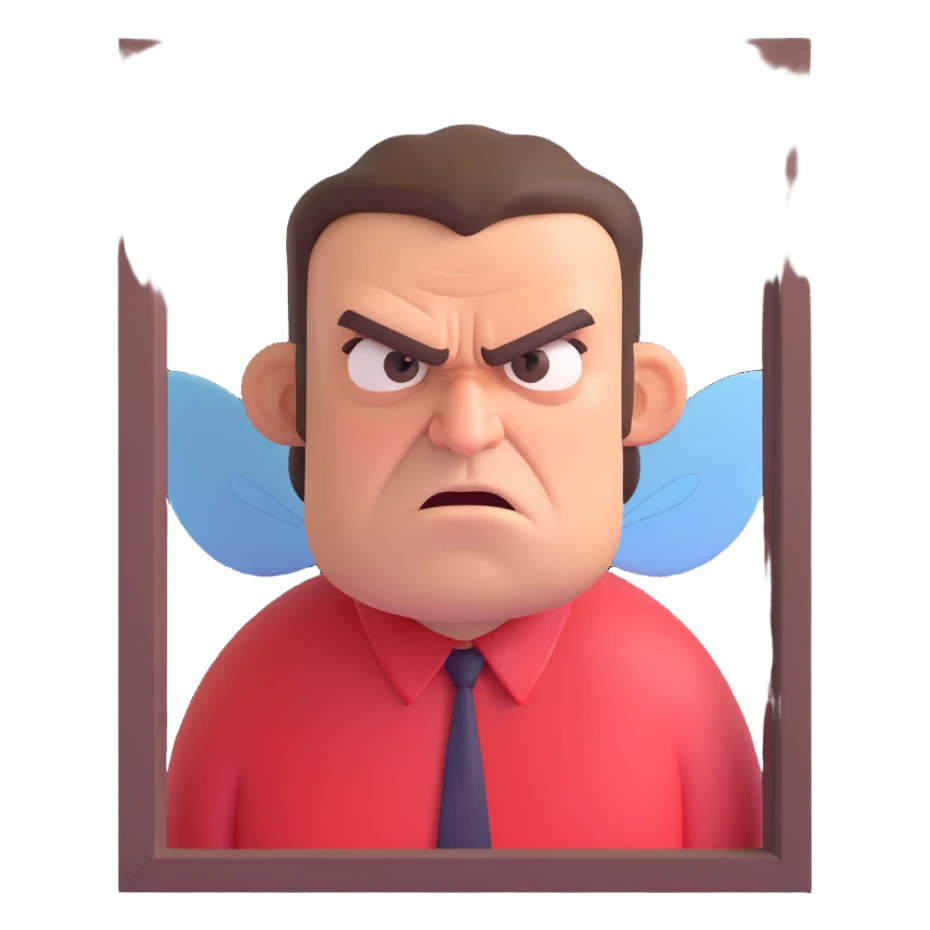 angry man, a fly on the window sticker