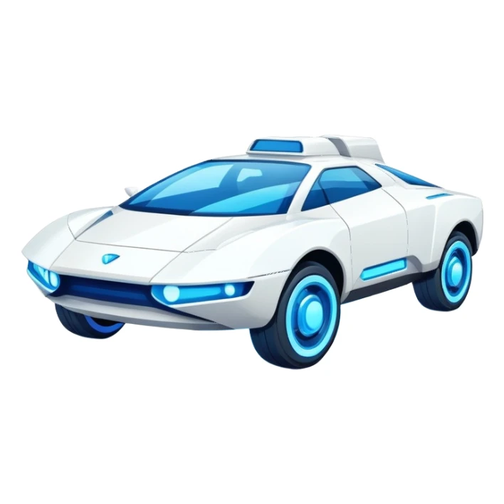 Futuristic retro hover white car with angular design and glowing blue wheels, flat vector style, minimal color palette with blue highlights sticker