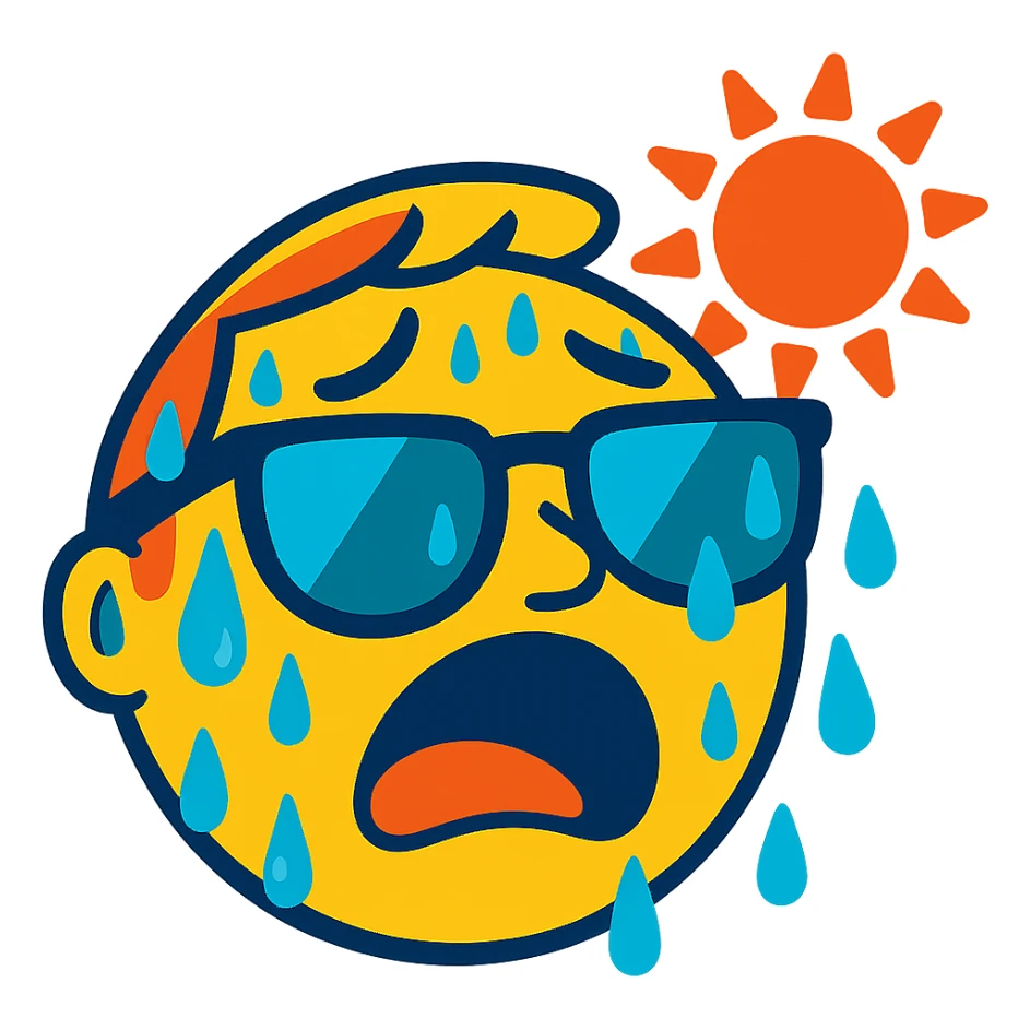 face with sunglasses, exaggerated sweating, feeling hot sticker