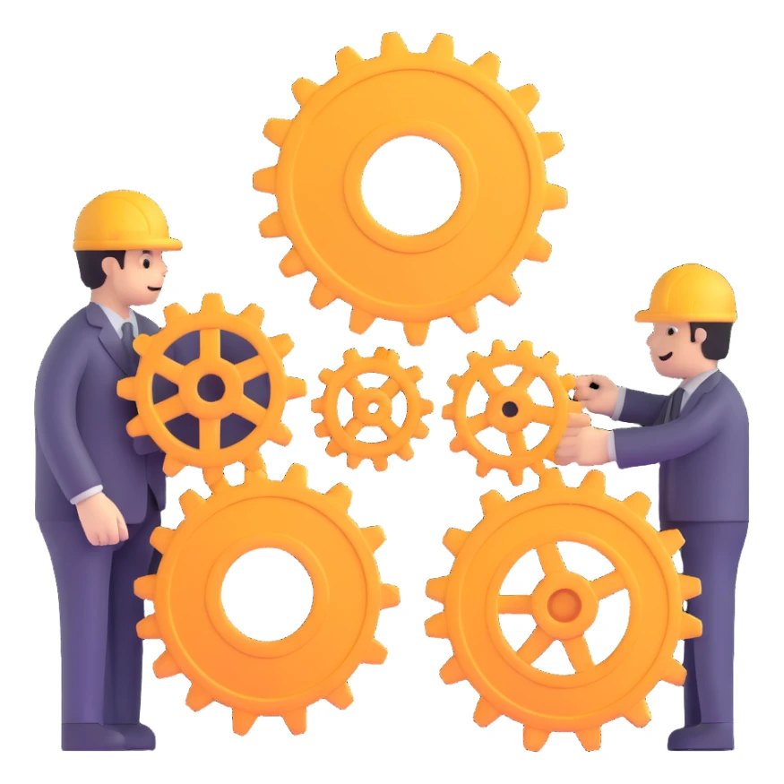 three figures connecting gears teamwork and information sticker