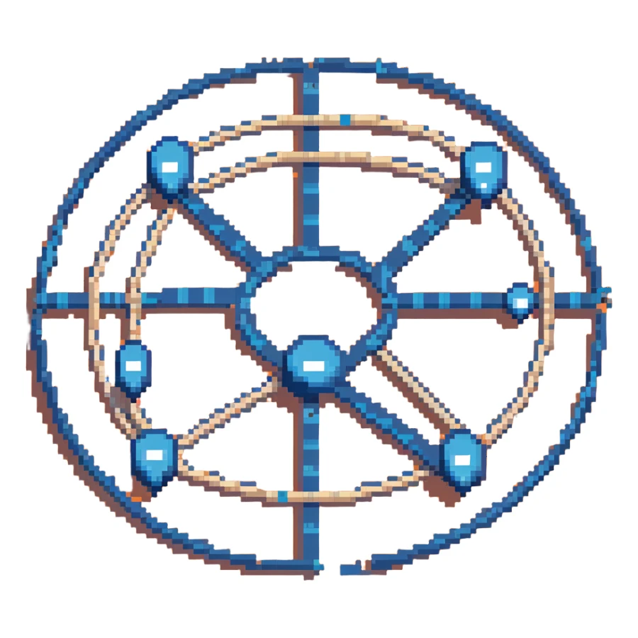 network in a circular form with blue boxes at intersection points sticker