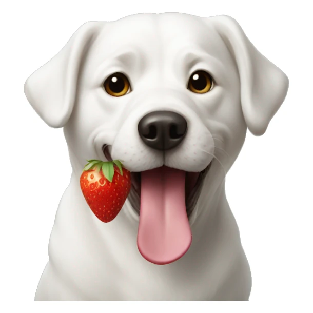 A white dog eating strawberry sticker