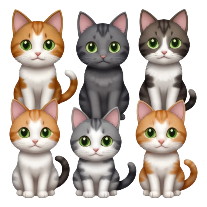 6 different coloured small cats including a dark grey and white, and a patchy calico, and a brown tabby and white,  and a completely solid dark grey with green eyes and only white paws sticker
