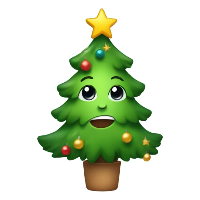 A Christmas tree with a cute face sticker