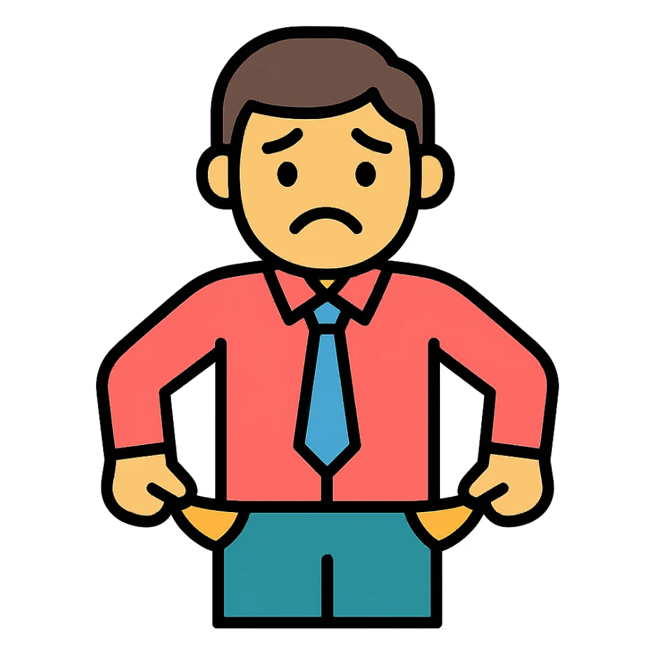 sad man with empty, turned-out pockets colored icon sticker