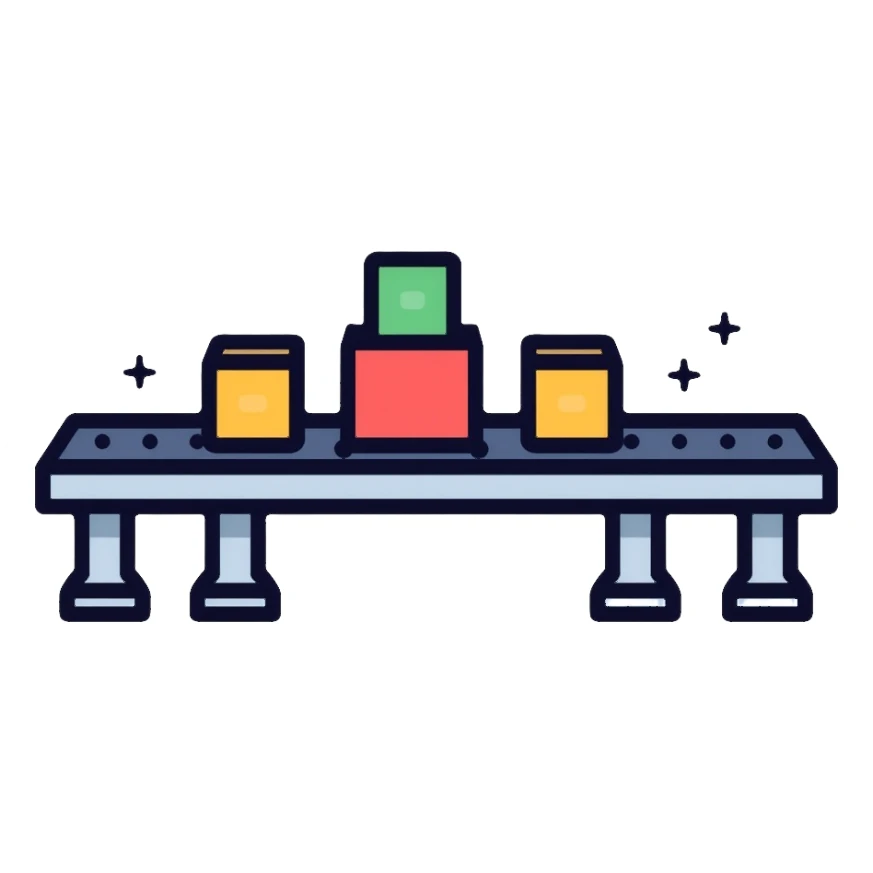 Conveyor belt system moving small cubes in sequence, automation concept sticker