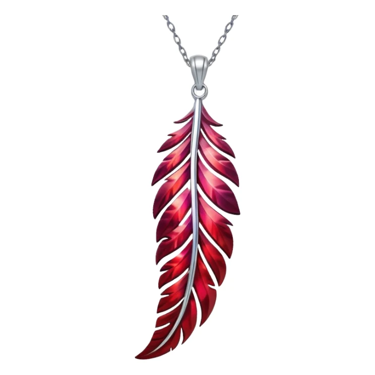 phoenix feather-inspired ruby pendant with cosmic aura, deep red glow, silver chain flowing like water, feather-like textures sticker