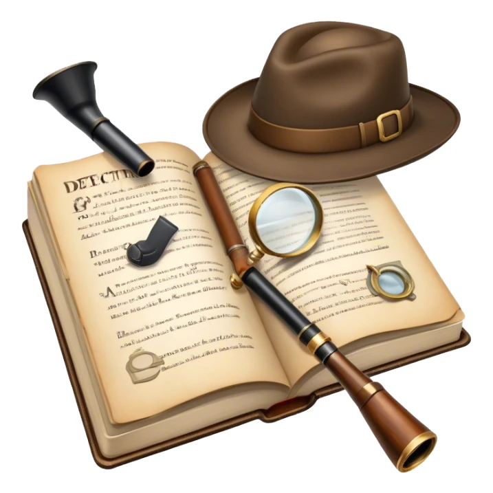 Icon for Detective Reading: an open book with text and a magnifying glass on the pages, a classic detective hat and a pipe, surrounded by clues like footprints, a revolver and a notepad. The icon should represent the mystery and intrigue of detective stories. Transparent background. sticker