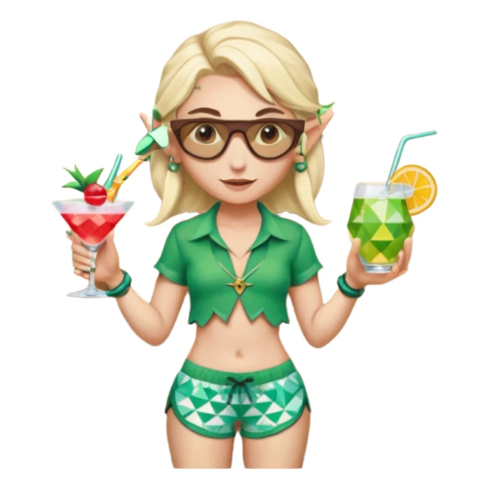 elf female legolas portrait, patterned board shorts (geometric/abstract), unique wooden-framed sunglasses, undercut hairstyle, slight smirk, visible pointy ears, no background, centered emoji, hipster summer vibe coctails sticker