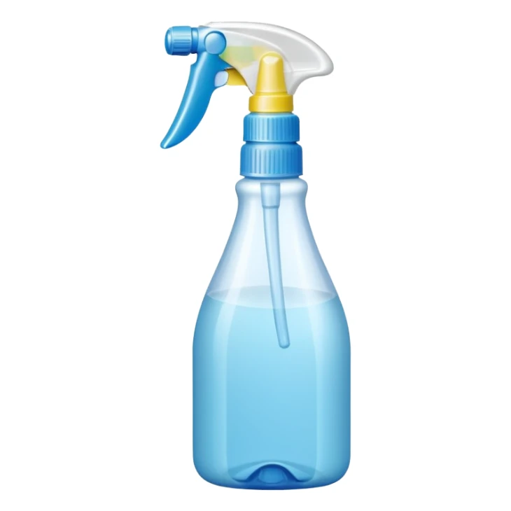 plastic spray bottle with simple trigger top and translucent body filled with clear liquid, practical shape, subtle grip texture on neck, no branding, slight reflection on plastic, no label, no cloth, no surface, soft lighting, subtle shadows, emoji scale sticker