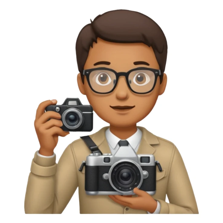 A man with glasses holding a cameta sticker