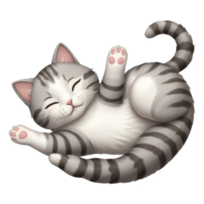 grey and white small cat eyes closed lying down upside down with paws stretched out straight in different directions sticker