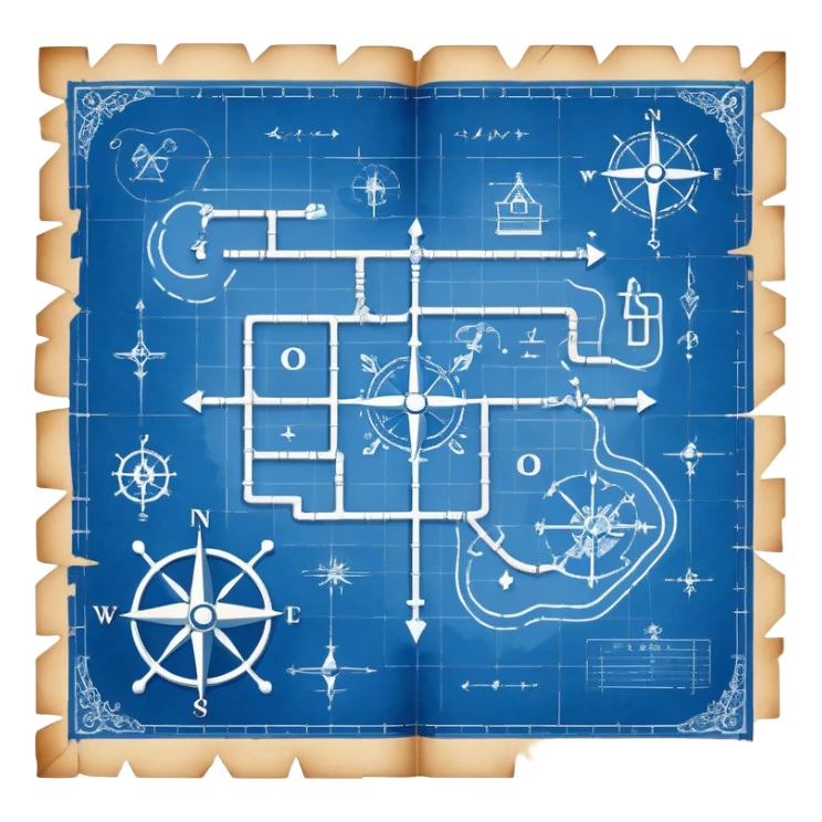 blue blueprint plan with white treasure map symbols and a path sticker