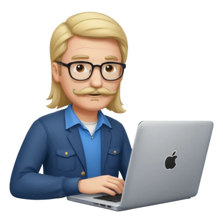 A DEVELOPER WITH A laptop, USING inFORMAL CLOTHES, long hair, mustache sticker