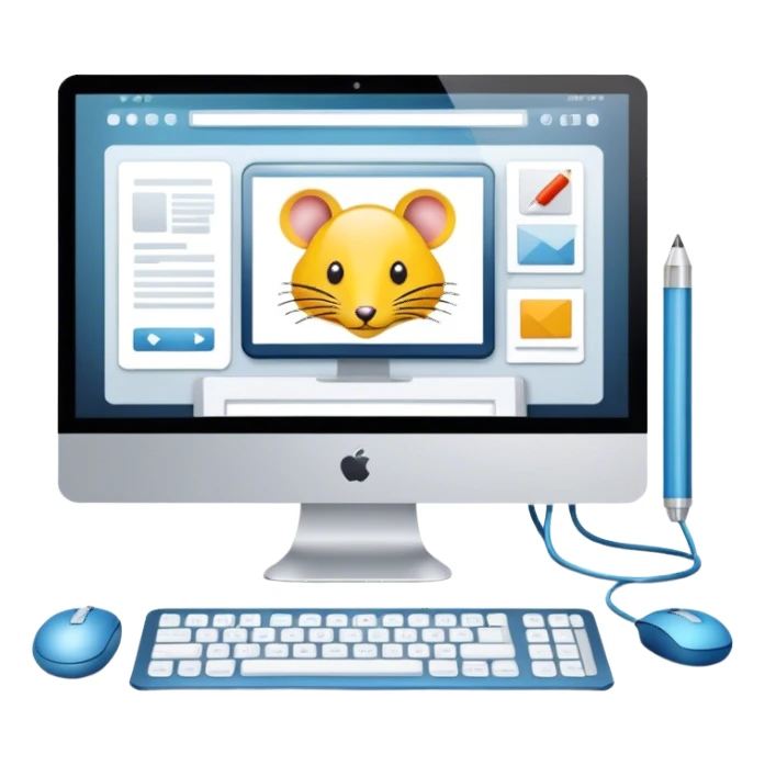 Modern icon for Web Design: computer screen with a website layout, design tools like a mouse and a stilus, web elements such as icons and wireframes. Transparent background. sticker