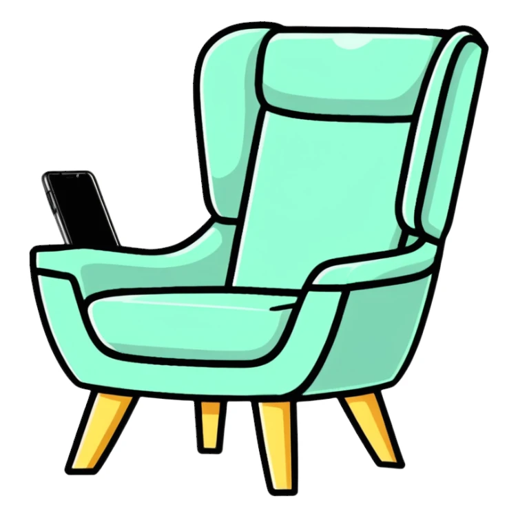 angled smartphone in foreground displaying armchair product page, with sparkle effect on the left side sticker