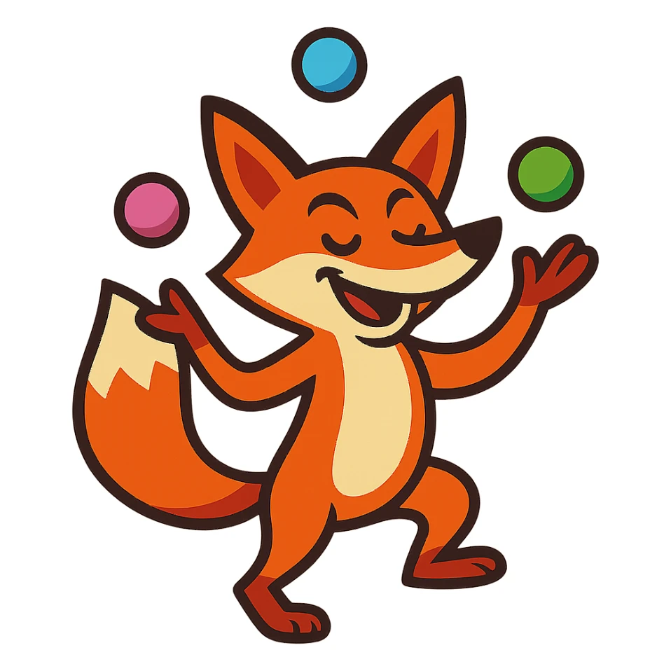 clever fox juggling, vibrant toon style sticker